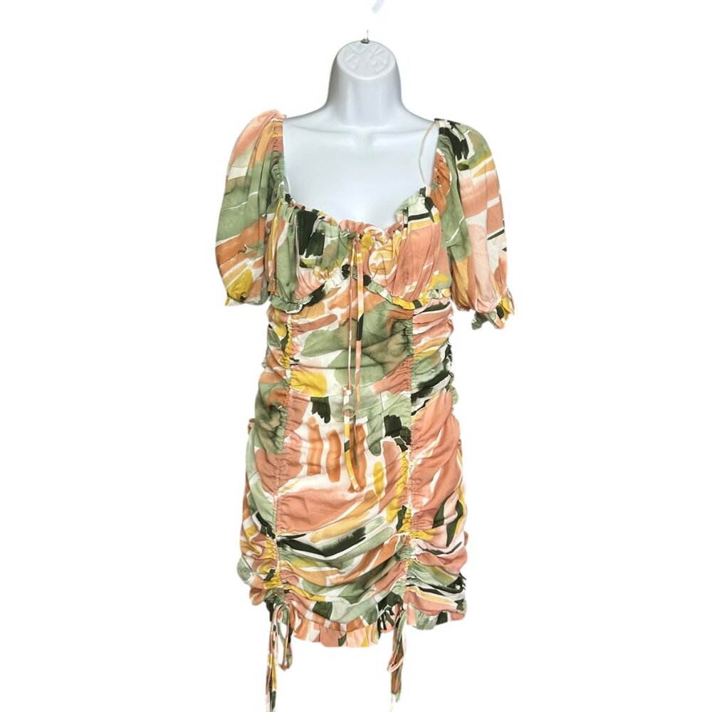 Luxxel Watercolor Mini Dress Off Shoulder Ruched Tie Front Pastel Size M